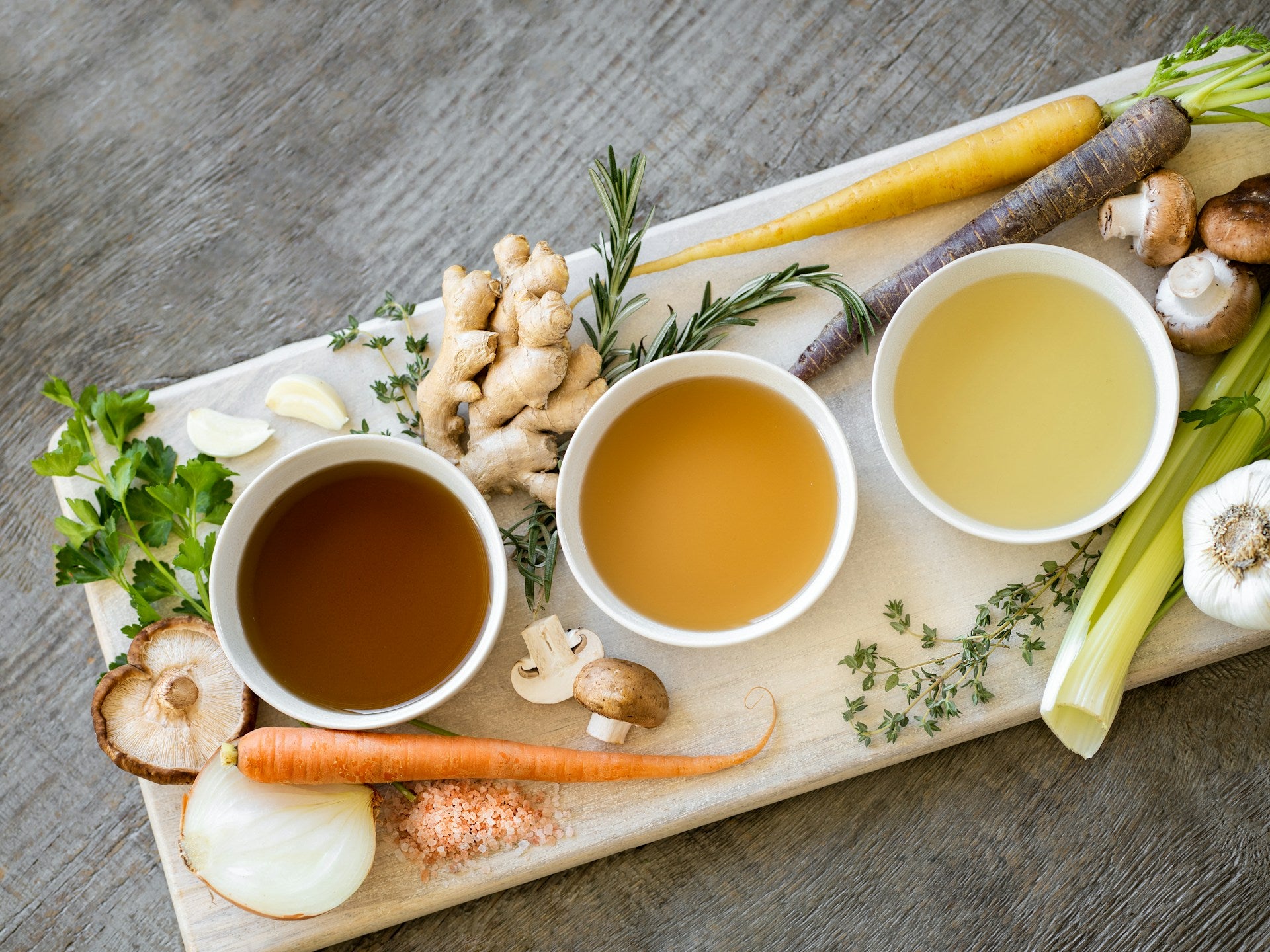 Row of different variations of bone broth