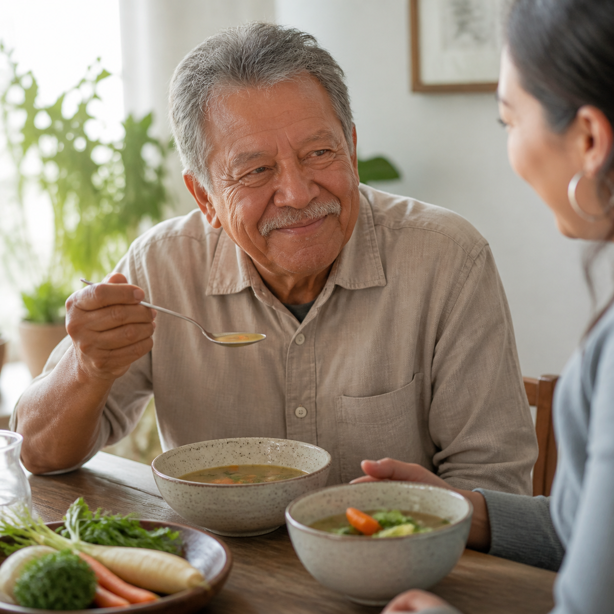 Client enjoying soup during a supportive visit